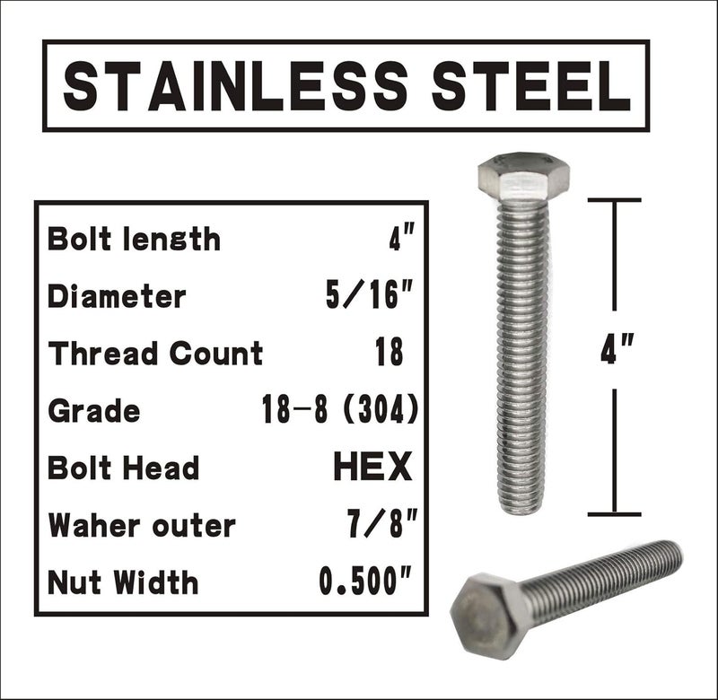 Fullerkreg (5 Sets) 5/16-18x4 Stainless Steel Hex Head Screws Bolts, Hex Machine Nuts, Fender Flat Washer& Split Lock Washers, 18-8 (304) S/S, Fully Threaded by Bolt - Image 2